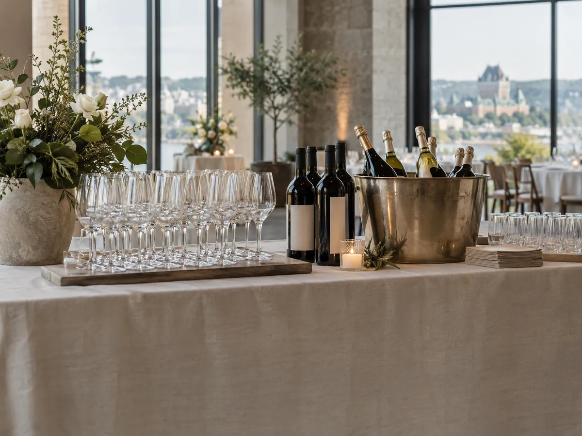 Un espace de service des boissons dans une salle de réception.