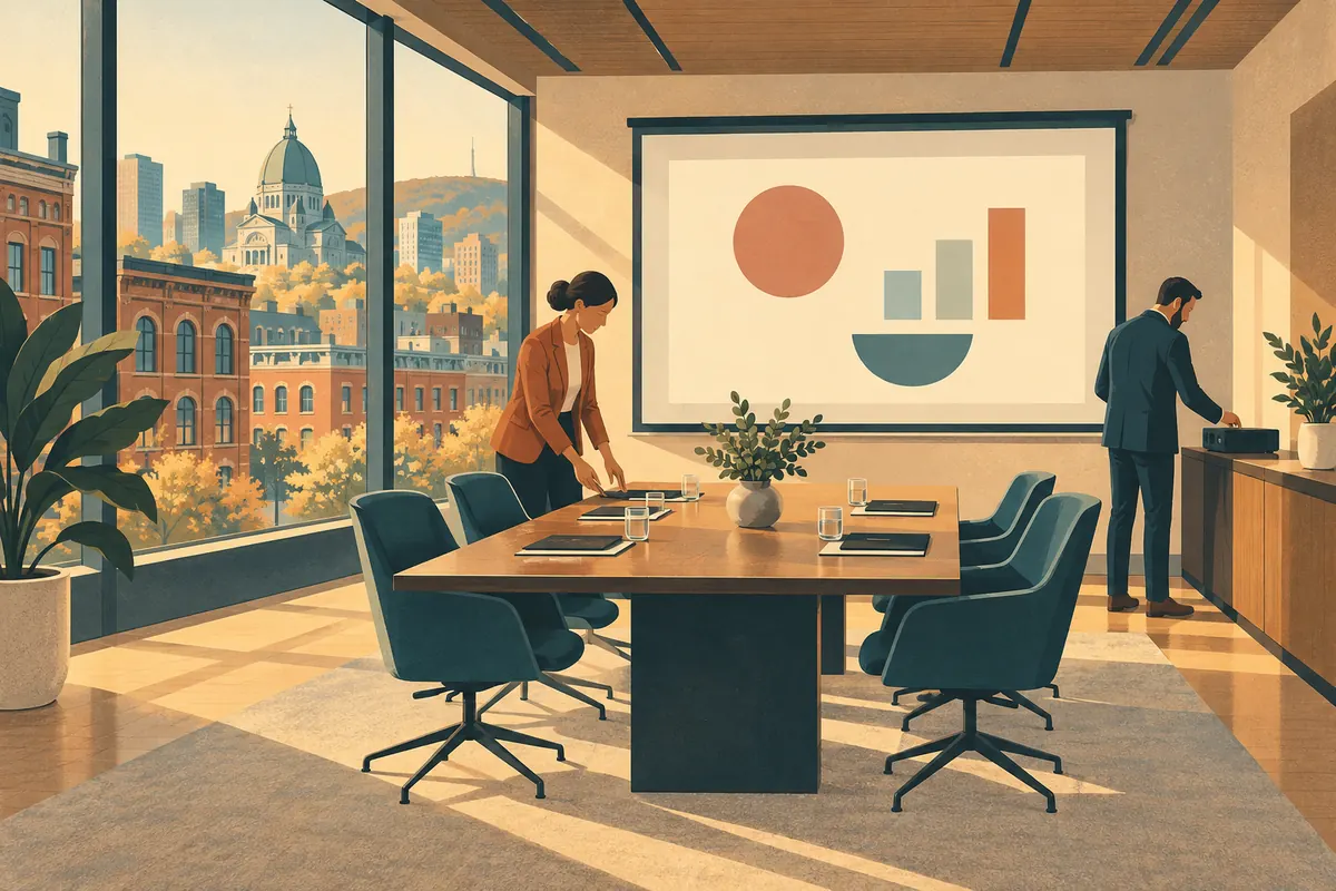 Illustration d’une salle de réunion avec table de conférence, écran et équipement audiovisuel.