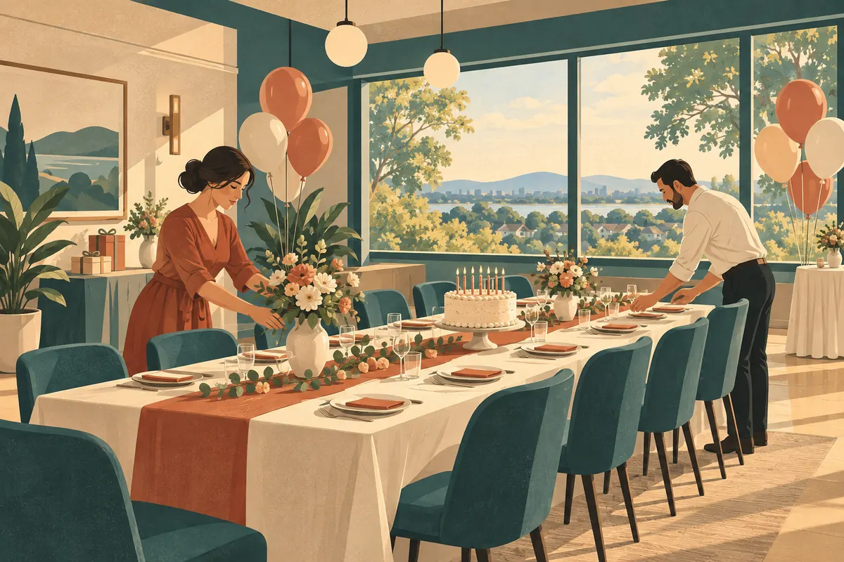 Illustration de deux organisateurs dressant une table d’anniversaire avec gâteau et ballons.