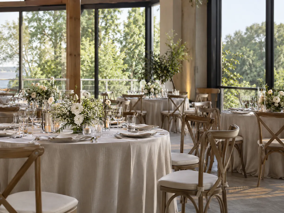 Une salle préparée pour une réception de mariage.
