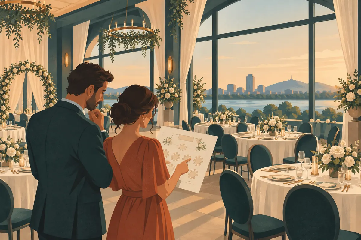 Illustration d’un couple préparant le plan de tables d’une réception de mariage.