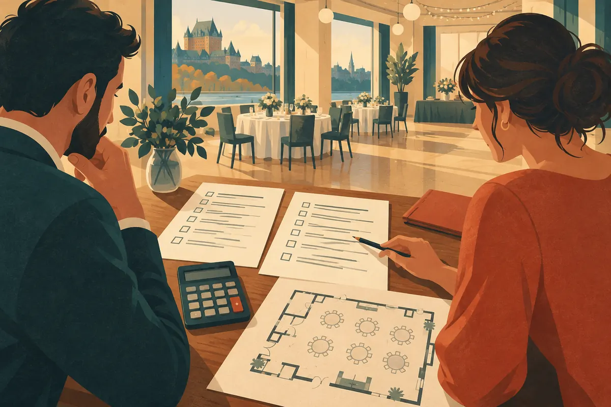 Illustration de devis comparés avec une calculatrice et un plan de salle de réception.