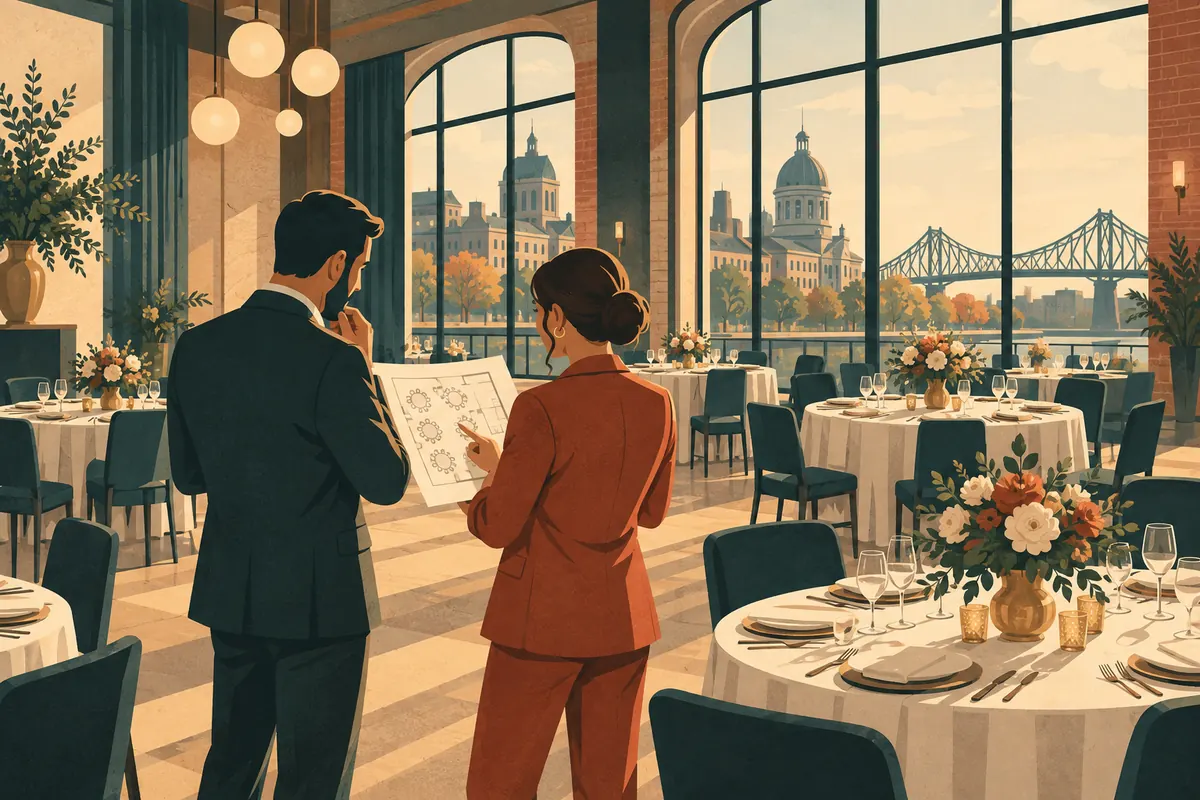 Illustration de deux organisateurs comparant un plan de tables dans une salle de réception.