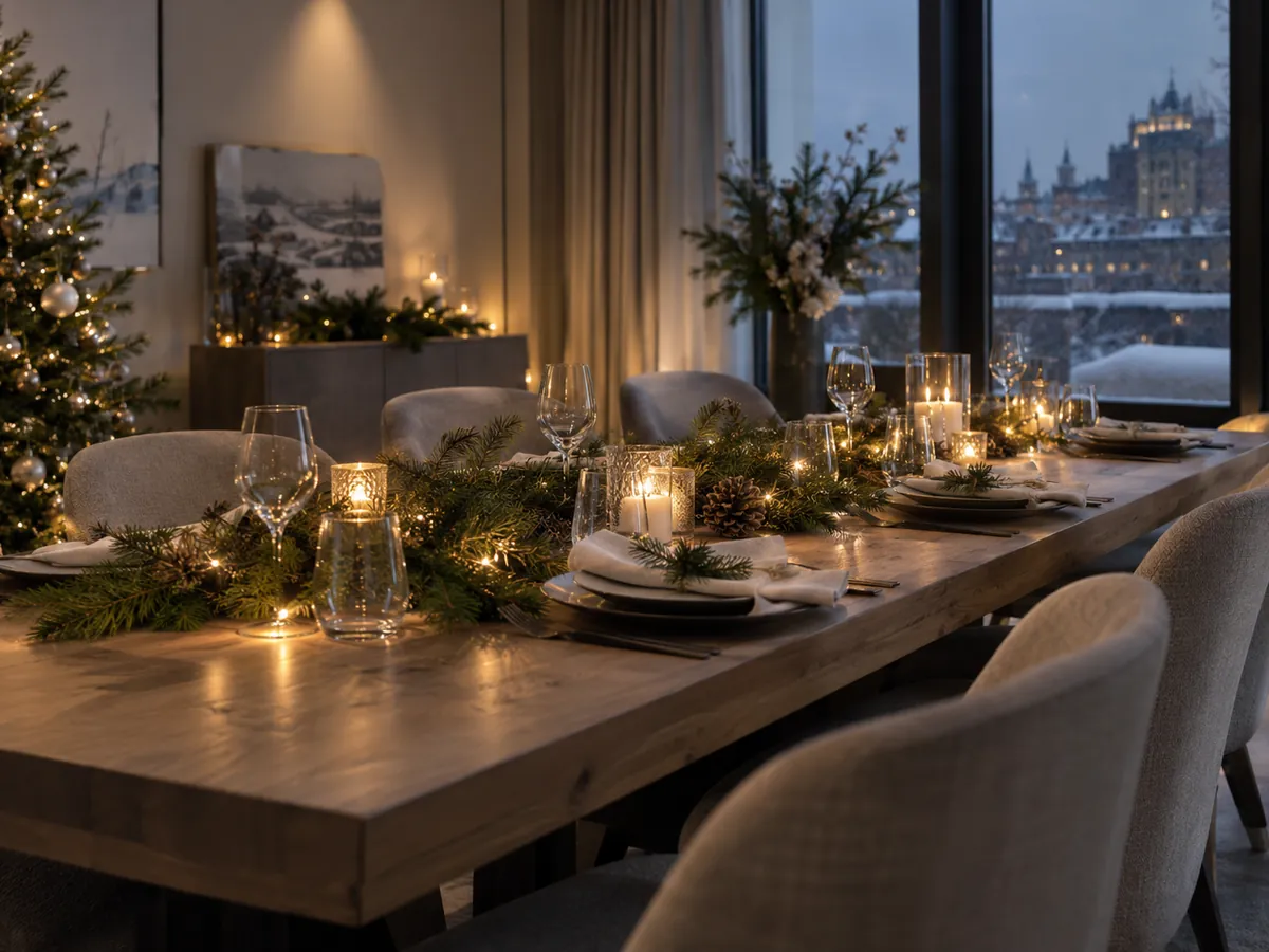 Une salle préparée pour un souper de Noël d’entreprise.