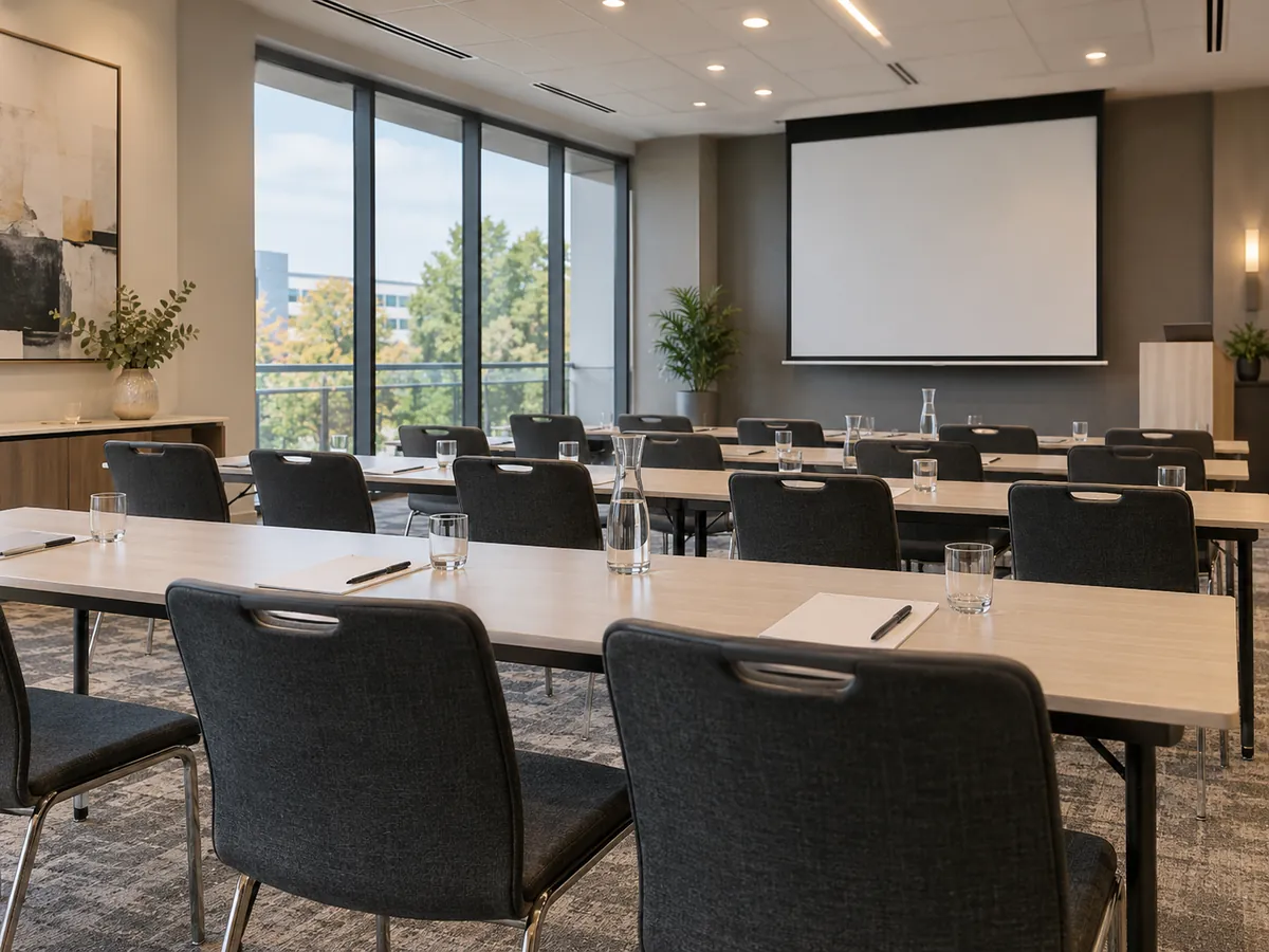 Une salle de formation aménagée pour un groupe professionnel.